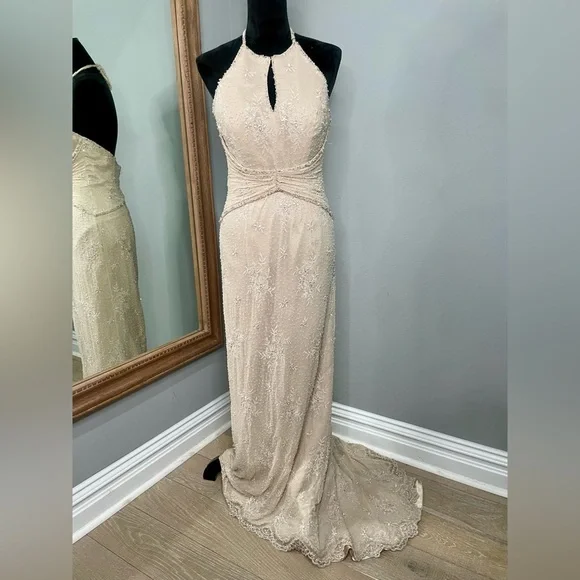 Mon Cheri | Dresses | Elegant Cream Beaded Halter Lace Weddingbridesmaid  Dress 8 | Poshmark